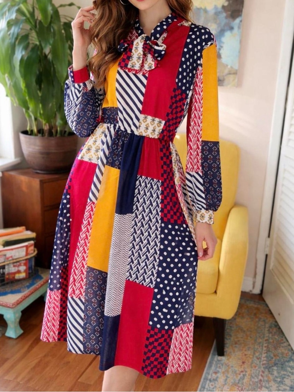 Patchwork Bow-Tie Midi Dress in Red, Navy & Mustard
